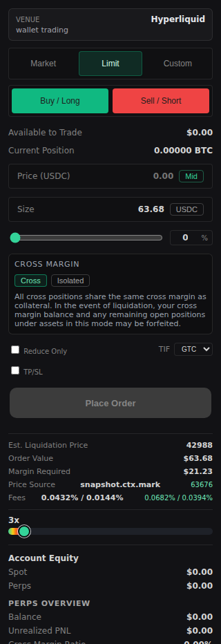 Omni Terminal order ticket showing Hyperliquid venue, cross margin, account equity, order value, and margin required.