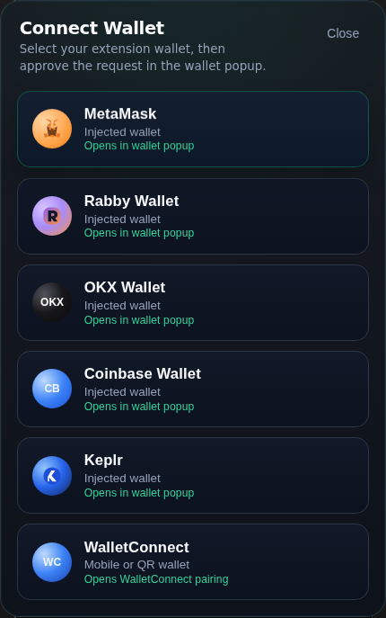 Omni Terminal wallet chooser with injected and mobile wallet options.