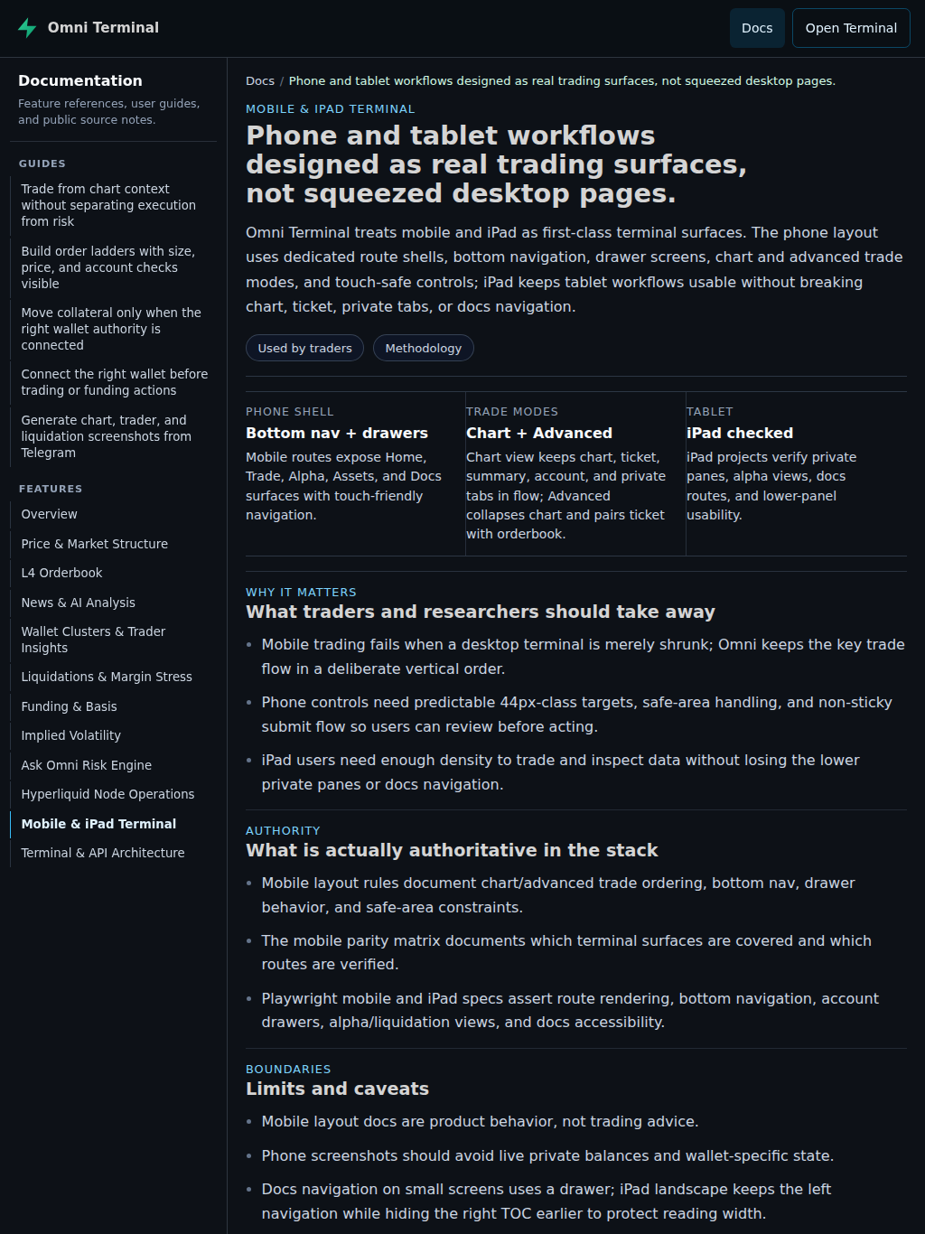 Omni Terminal docs on iPad with left sidebar navigation and readable article content.