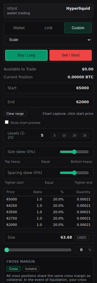 Scaled order ladder in Omni Terminal showing multiple BTC order levels for review.